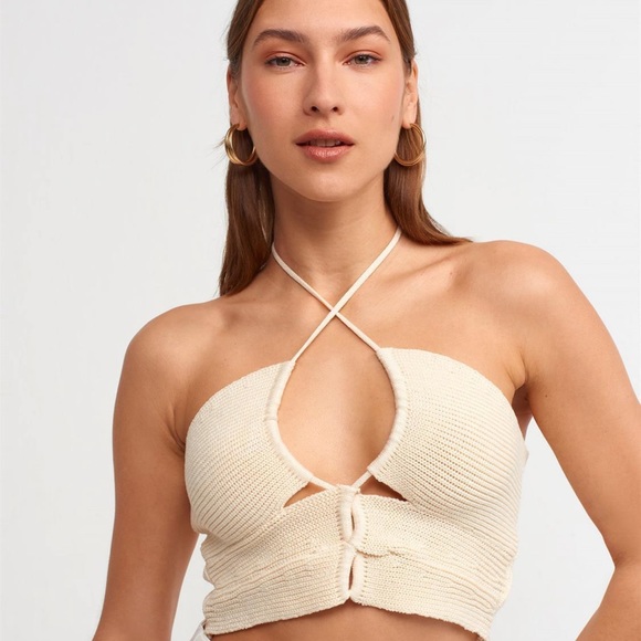 Lace-Up Knitwear Top-Natural - Picture 2 of 4